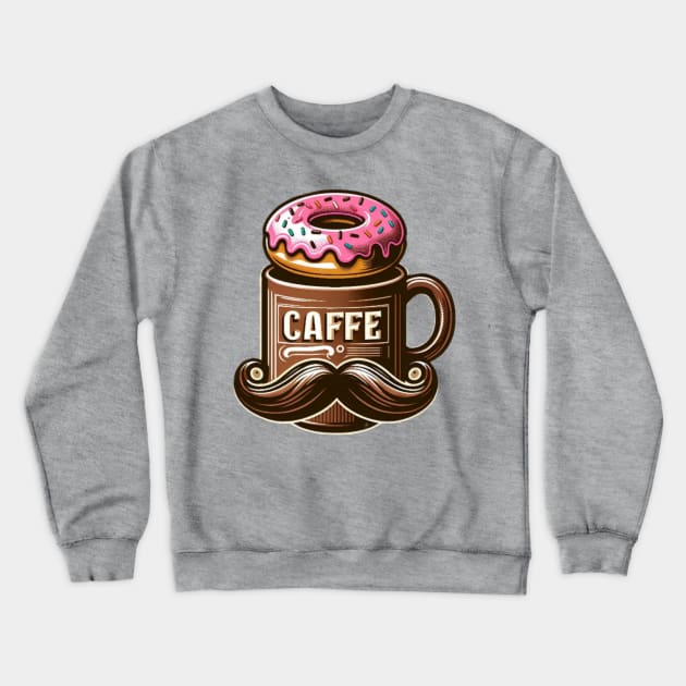 Donut and Coffee with Mustache Mug Crewneck Sweatshirt by Donut Duster Designs